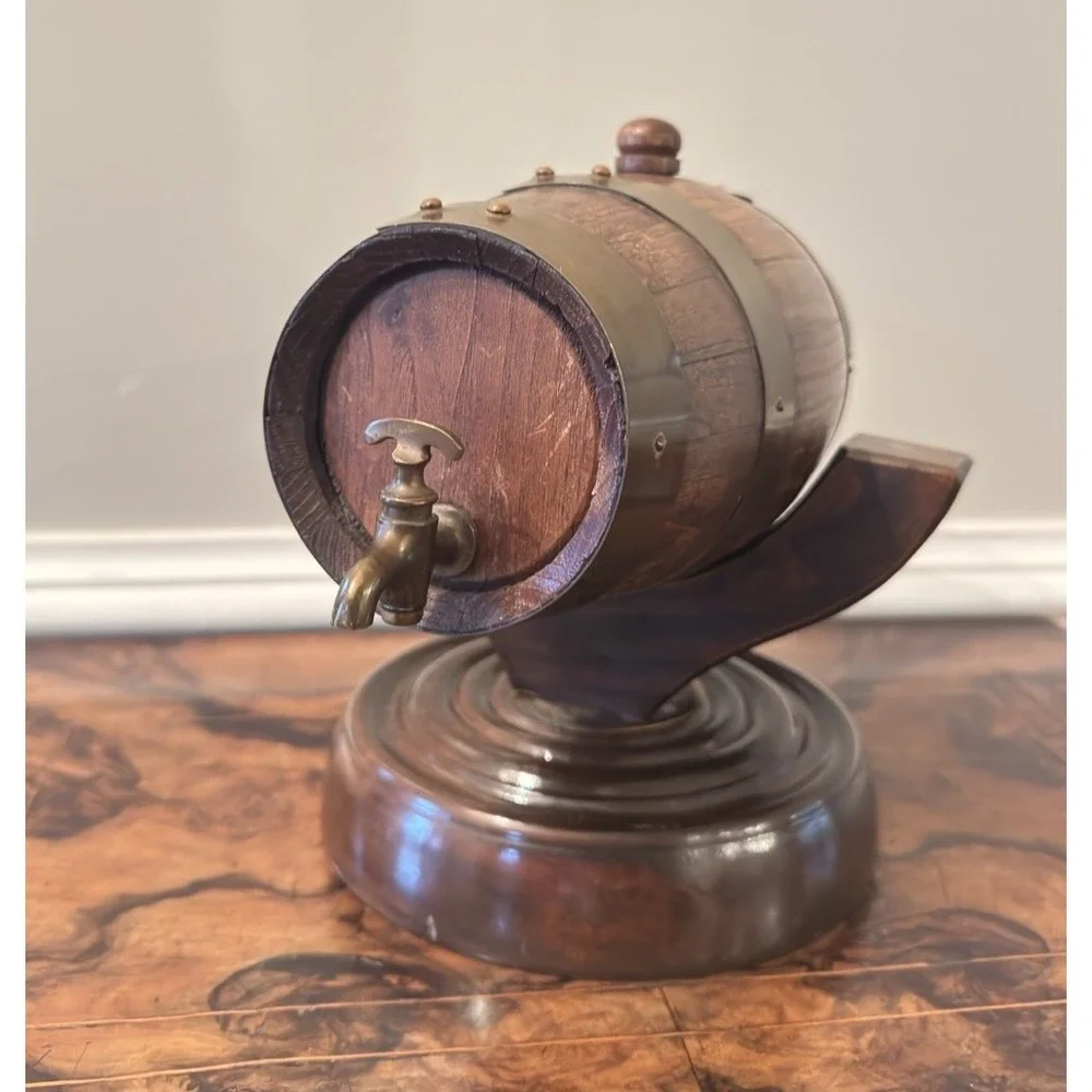 Handmade Spain Wood Barrel Cask w/ Brass Bands & Spigot on Stand‎ Vintage